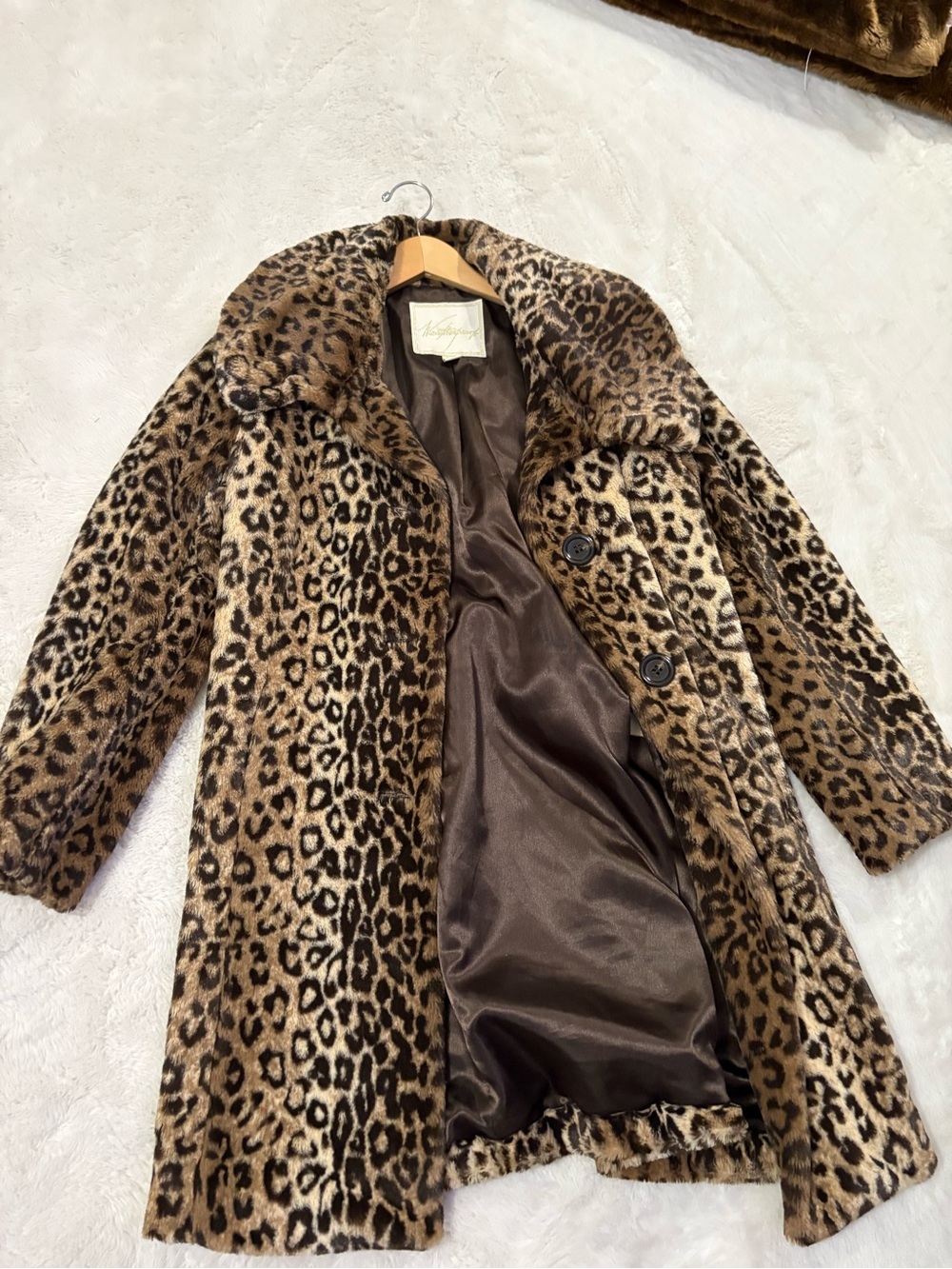 Weatherproof Leopard Print Faux Fur Pea Coat - Brown